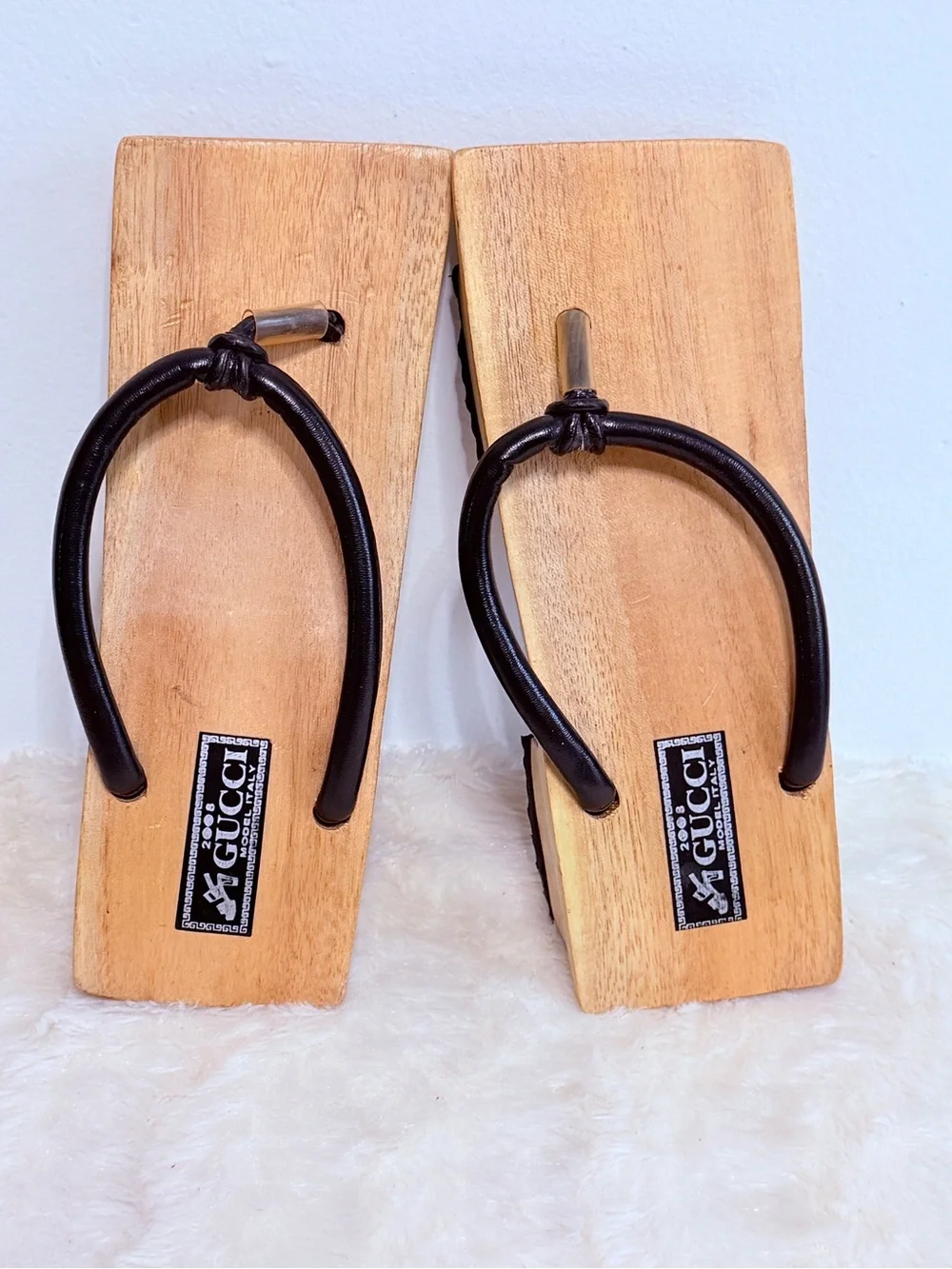 Gucci Brown Leather-Trim Wooden Sandals RARE Size 7